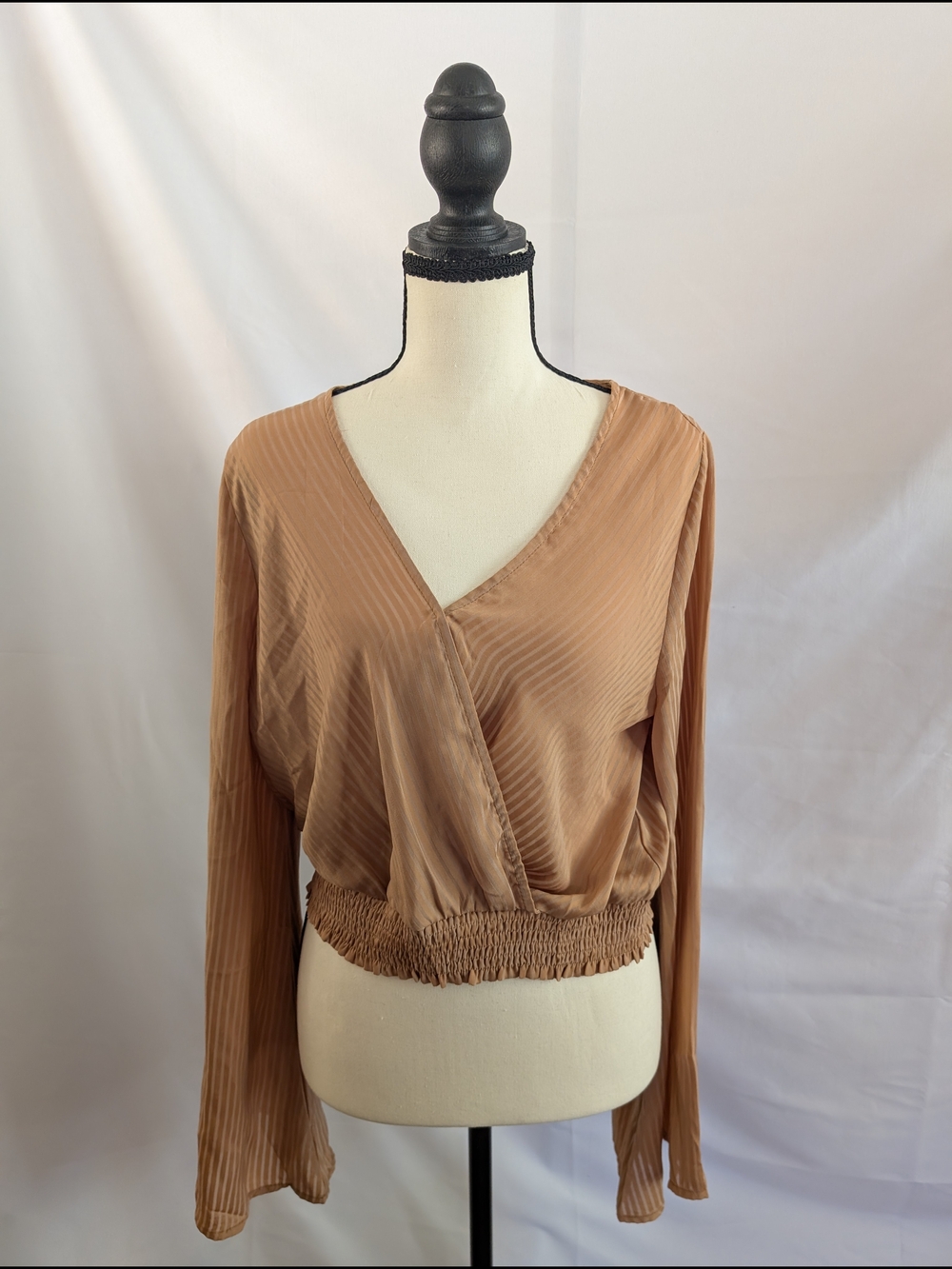 Lumiere Wrap-Front Long Sleeve Top in Camel Brown Size Large